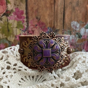 Southwestern Purple & Copper Concho Saddle Brown Leather Cuff Bracelet&gt; Leather Wristband. Native Style. Southwest Jewelry. Western Chic