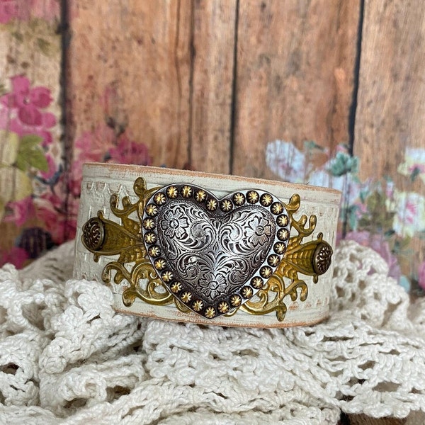 Silver & Bronze Heart Concho Filigree Cream Leather Cuff Bracelet> Leather Wristband. Heart Bracelet. Heart Jewelry. Rustic Romantic Style