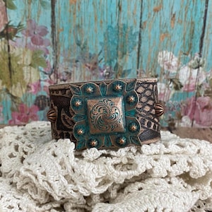Southwestern Copper Patina Square Concho Distressed Brown Leather Cuff Bracelet&gt; Leather Wristband. Concho Bracelet. Classic Country Western