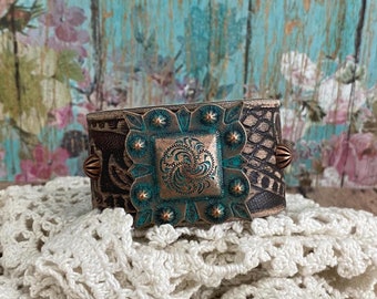 Southwestern Copper Patina Square Concho Distressed Brown Leather Cuff Bracelet> Leather Wristband. Concho Bracelet. Classic Country Western