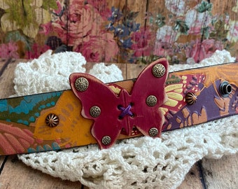 Colorful Handmade Pink Leather Butterfly Cuff Bracelet/ Free Spirit/ Upcycled Jewelry/