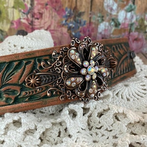 Crystal Flower Concho on Copper & Green Leather Cuff Bracelet&gt; Rhinestone Leather Bracelet. Flower Bracelet. Leather Wristband. Rustic Glam