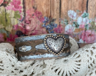 Heart Concho Leather Bracelet: Rustic Bronze & Silver Cuff