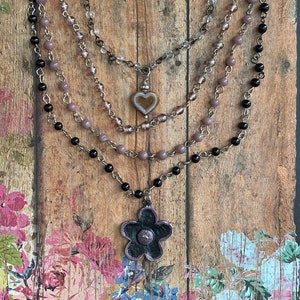 Black & Lavender Purple Flower Necklace> Boho Necklace. Flower Jewelry. Floral Jewelry. Multi Strand Necklace. Flower Medallion. Sundance