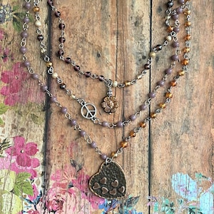 Rusic Heart Pendant Necklace&gt; Beaded Necklace. Multi Layer Necklace. Purple Orange Brown. Heart Jewelry. Choker. Layered Necklace. Sundance