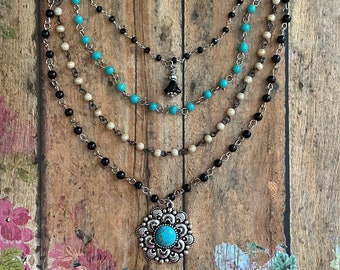 Southwestern Turquoise Beaded Necklace: Multi-Layer Medallion Charm