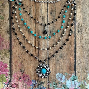 Southwestern Necklace> Turquoise & Black Beaded Necklace. Native Necklace. Charm Necklace. Multi Layer Necklace. Cascading Necklace. Color