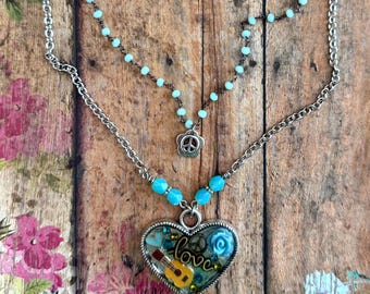 Boho Guitar Heart Necklace/ Music Lover Pendant/ Resin Jewelry/