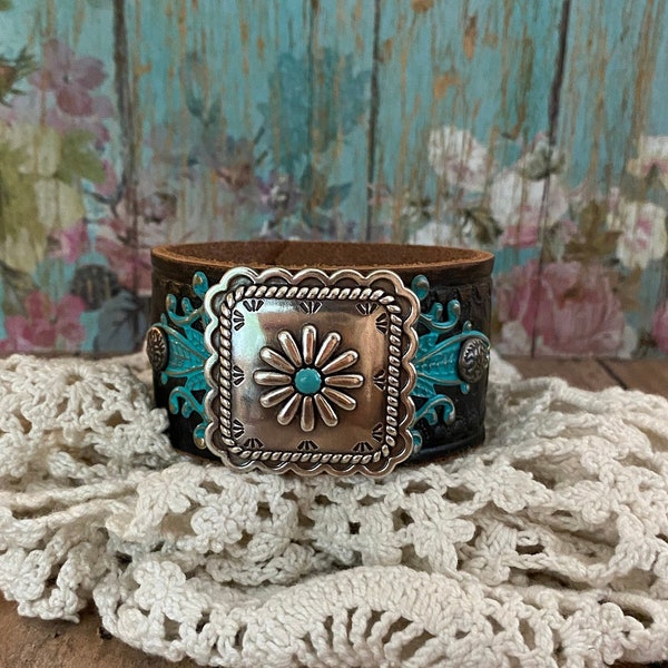 Southwestern Style Square Silver & Turquoise Concho on Black Leather Cuff Bracelet> Leather Wristband. Rustic Western Style Jewelry.