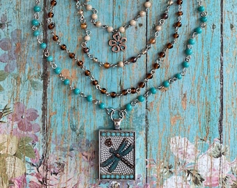 Turquoise Dragonfly Bead Necklace> Dragonfly Jewelry. Layered Necklace. Gift for Her. Bead Necklace. Boho Necklace. Sundance