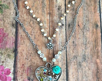 Boho Heart Charm Necklace/ Cowgirl Pendant/ Resin Jewelry/ Country Music/