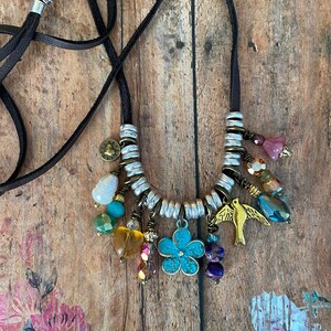 Colorful Bead & Charm Adjustable Necklace&gt; Hanging Bead Necklace. Boho Necklace. Charm Necklace. Folk Jewelry. Sundance. Station Necklace.
