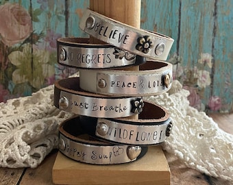 CUSTOM Hand-Stamped Skinny Leather Cuff Bracelets> Stacking Bracelet. Create Your Own. Wear Your Words. Choose Your Word. Engraved Bracelet
