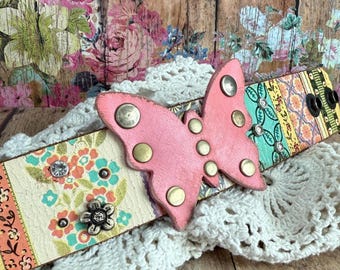 Pink Multi-Color Leather Butterfly Cuff Bracelet/ Boho Jewelry/ Upcycled/ Nature Theme/ Remembrance Gift