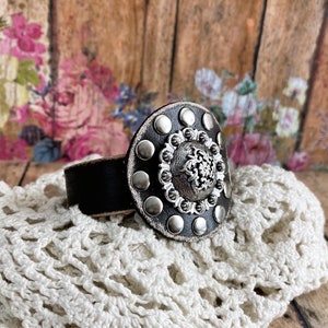 Cowgirl Western Leather Studded Concho Cuff Bracelet&gt; Silver on Dark Brown Leather. Skinny Leather Cuff. Leather Bracelet. Concho Jewelry