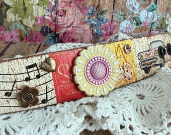 Whimsical Retro Leather Flower Concho Cuff Bracelet/  Music Theme Jewelry/ Colorful Statement Piece/
