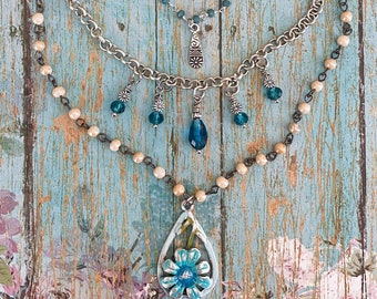 Shades of Blue Layered Flower Bead Pendant Necklace/ Turquoise & Cream/
