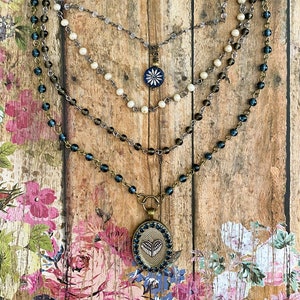 Blue Heart Necklace> Angel Wings Necklace. Multi Strand Necklace. Heart Jewelry. Boho Necklace. Layered Necklace. Sundance