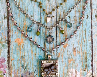 Czech Glass Butterfly Medallion Necklace, Three Strand Cascading Chain