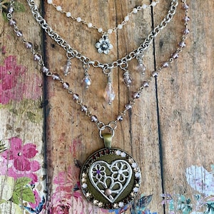 Heart Necklace Lavender & Pink. Multi Strand Pendant Necklace. Heart Jewelry. Bead Necklace. Boho Necklace. Layered Necklace. Sundance