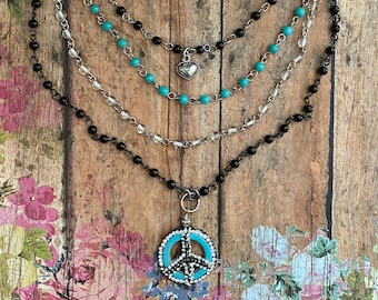 Turquoise & Black Peace Sign Layered Necklace/ Boho Beaded Jewelry/ Hippie Style/