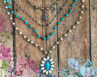Turquoise & Cream Southwestern Navajo Style Necklace&gt;  Beaded Necklace. Native Necklace. Multi Layer Necklace. Cascading Necklace. Colorful