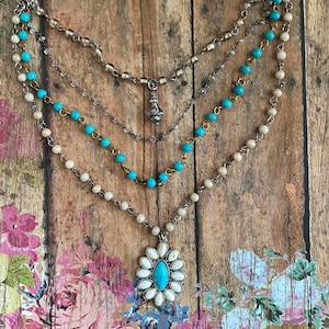 Turquoise & Cream Southwestern Navajo Style Necklace&gt;  Beaded Necklace. Native Necklace. Multi Layer Necklace. Cascading Necklace. Colorful