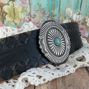 Black Leather Cuff Bracelet. Silver Turquoise Bracelet. Cowgirl Jewelry. Leather Wristband. Western Concho Jewelry. Southwest Jewelry
