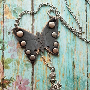 Black Leather Butterfly Pendant Necklace, Boho Fringe Jewelry