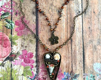 Boho Cowgirl Longhorn Heart Necklace/ Country Western Pendant/ Resin Jewelry/