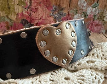 Wide Black Leather Cuff Bracelet With Rustic Bronze Heart. Heart Jewelry. Heart Bracelet. Leather Wristband. Rustic Boho Style