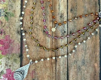 Silver Flower Medallion Layered Necklace/ Colorful Beaded Boho Style/