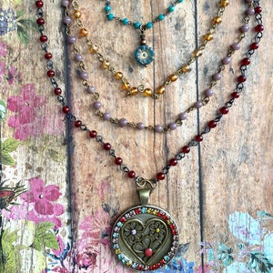Colorful Heart Necklace&gt; Multi Strand Necklace. Heart Jewelry. Beaded Necklace. Boho Necklace. Layered Necklace. Colorful Necklace. Sundance