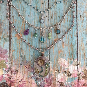 Bead Flower Pendant Necklace in Lavender & Turquoise &gt; Multi Chain Layered Necklace. Boho Flower Jewelry. Layering Necklace. Sundance Style