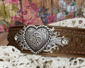 Silver Heart Concho Bronze Leather Cuff. Heart Jewelry. Gift For Her.