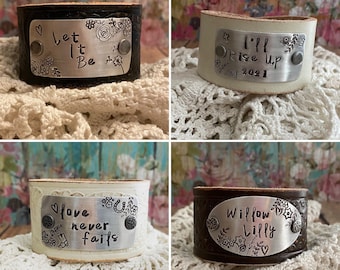 Personalized Custom Hand-Stamped Leather Cuff Bracelet. OOAK Gifts. Lyrics Quotes Music Inspirational.