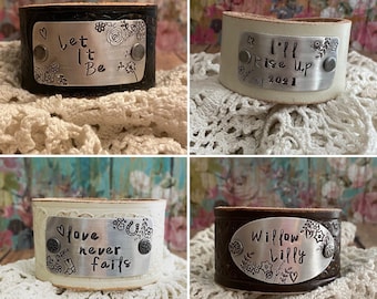 CUSTOM Hand-Stamped Leather Cuff Bracelets  Your Words. OOAK Gift. Lyrics. Quotes. Music. Inspirational. Personalized. Proverbs. Unique