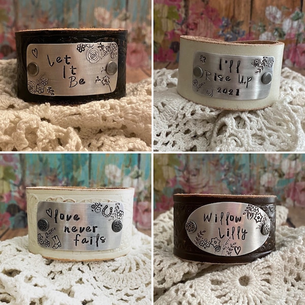 CUSTOM Hand-Stamped Leather Cuff Bracelets  Your Words. OOAK Gift. Lyrics. Quotes. Music. Inspirational. Personalized. Proverbs. Unique