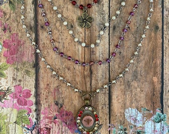 Layered Boho Beaded Necklace with Bee Pendant/ Vintage Style Multi Strand Necklace/ Rustic Floral Charm Jewelry Gift