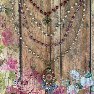 Layered Boho Beaded Necklace with Bee Pendant/ Vintage Style Multi Strand Necklace/ Rustic Floral Charm Jewelry Gift