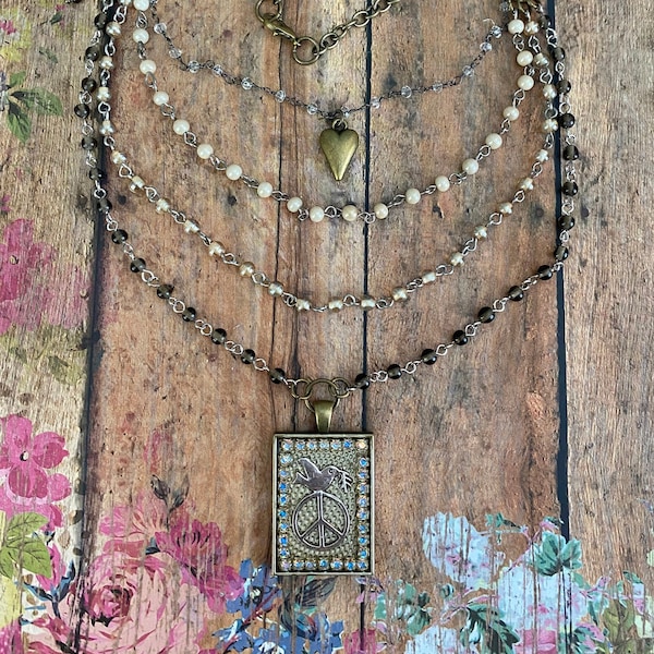 Peace Sign Necklace> Peace Dove Necklace. Peace Jewelry. Layered Necklace. Hippie Jewelry. Bead Necklace. Boho Necklace. Sundance