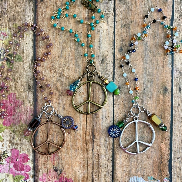 Beaded Peace Sign Pendant Necklace, Hippie Charm Jewelry