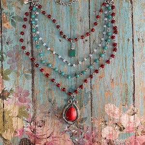 Southwestern Necklace> Turquoise & Red Beaded Necklace. Native Necklace. Charm Necklace. Multi Layer Necklace. Cascading Necklace. Western