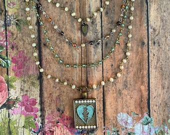 Green Heart Necklace&gt; Multi Strand Necklace. Heart Jewelry. Beaded Necklace. Boho Necklace. Layered Necklace. Colorful Necklace. Sundance