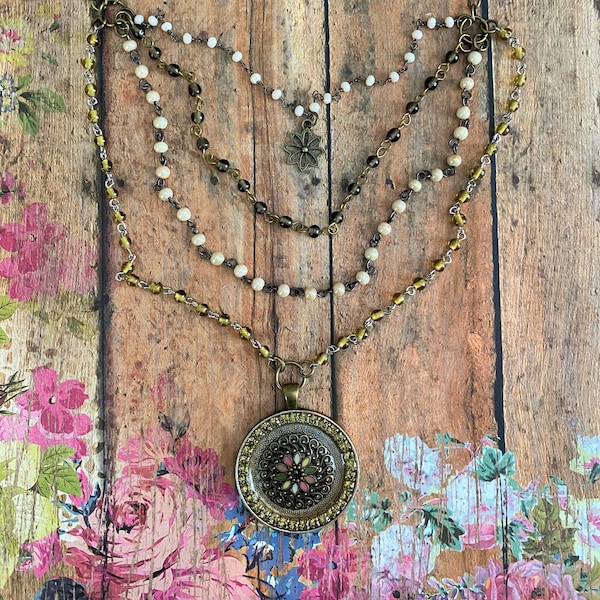 Flower Medallion Necklace Neutral Soft Colors> Multi Layered Cascading Necklace. Beaded Necklace. Boho Necklace. Layering Necklace. Sundance