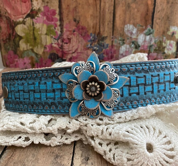 Denim Blue Flower Leather Cuff Bracelet> Leather Cuff Bracelet