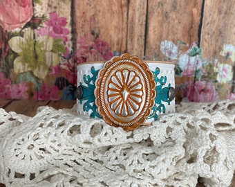 Cowgirl Southwestern Style Turquoise & Orange Sunburst Concho on White Leather Cuff Bracelet> Native Style Jewelry. Western Jewelry. Country