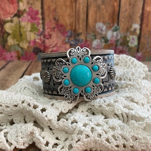 Turquoise Concho Leather Cuff Bracelet: Southwestern Boho Jewelry