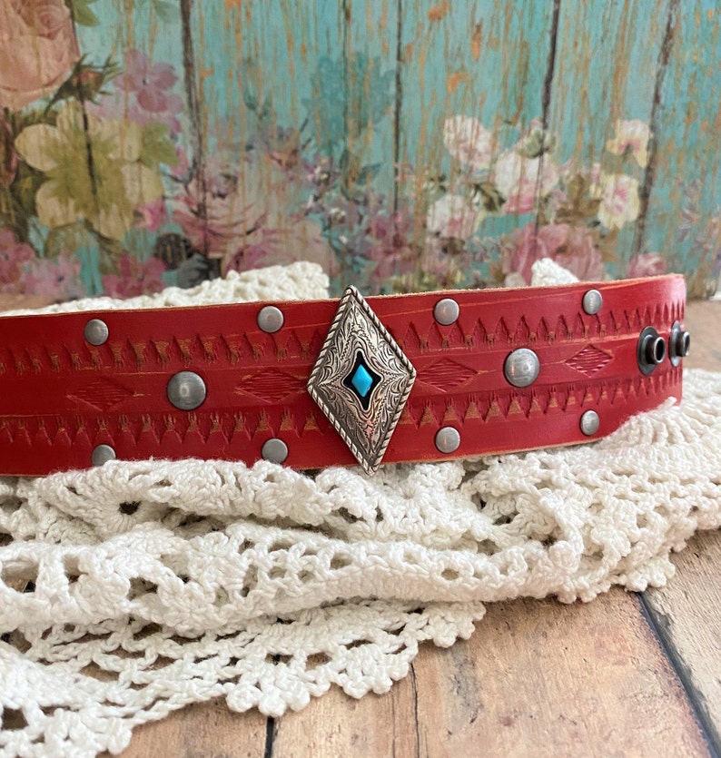 Red Leather Cuff Bracelet Turquoise Concho Jewelry. Etsy