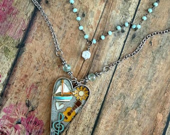 Yacht Rock Necklace/ Handmade Heart Pendant/ Music Lover Gift/ Sailboat Jewelry/ Coastal Boho Necklace